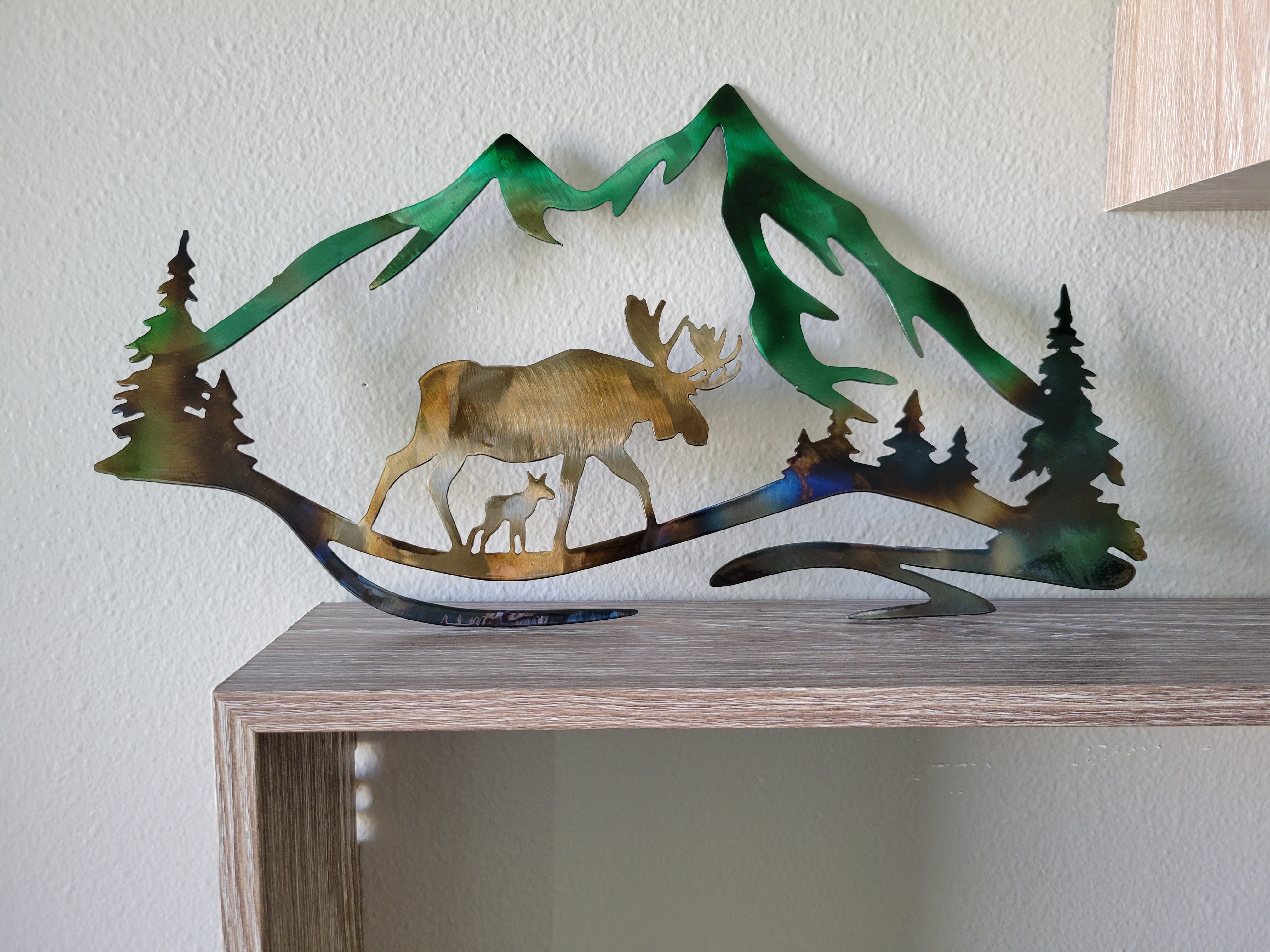 Airbrushed Metal Wall Cabin Camper Camping RVing Art Moose and Calf Outdoor Sign Mountain Scene