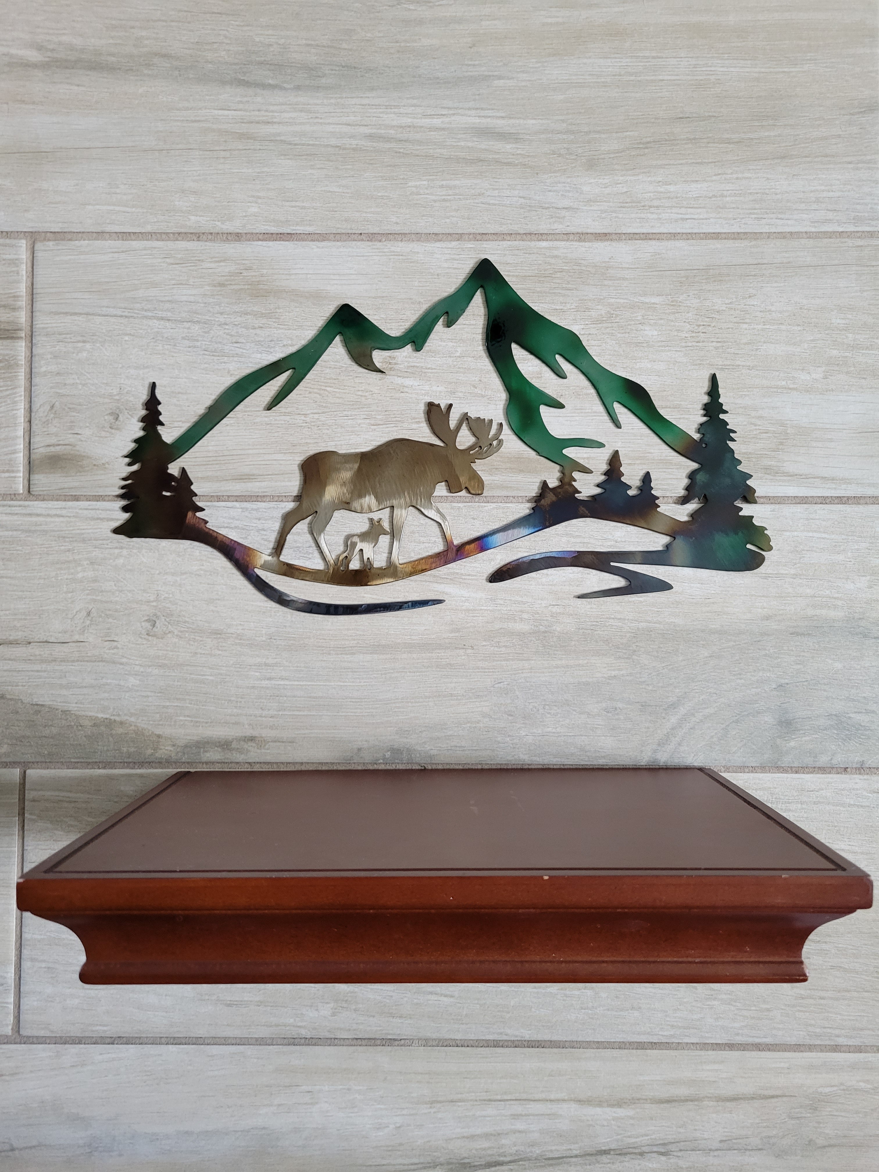 Airbrushed Metal Wall Cabin Camper Camping RVing Art Moose and Calf Outdoor Sign Mountain Scene