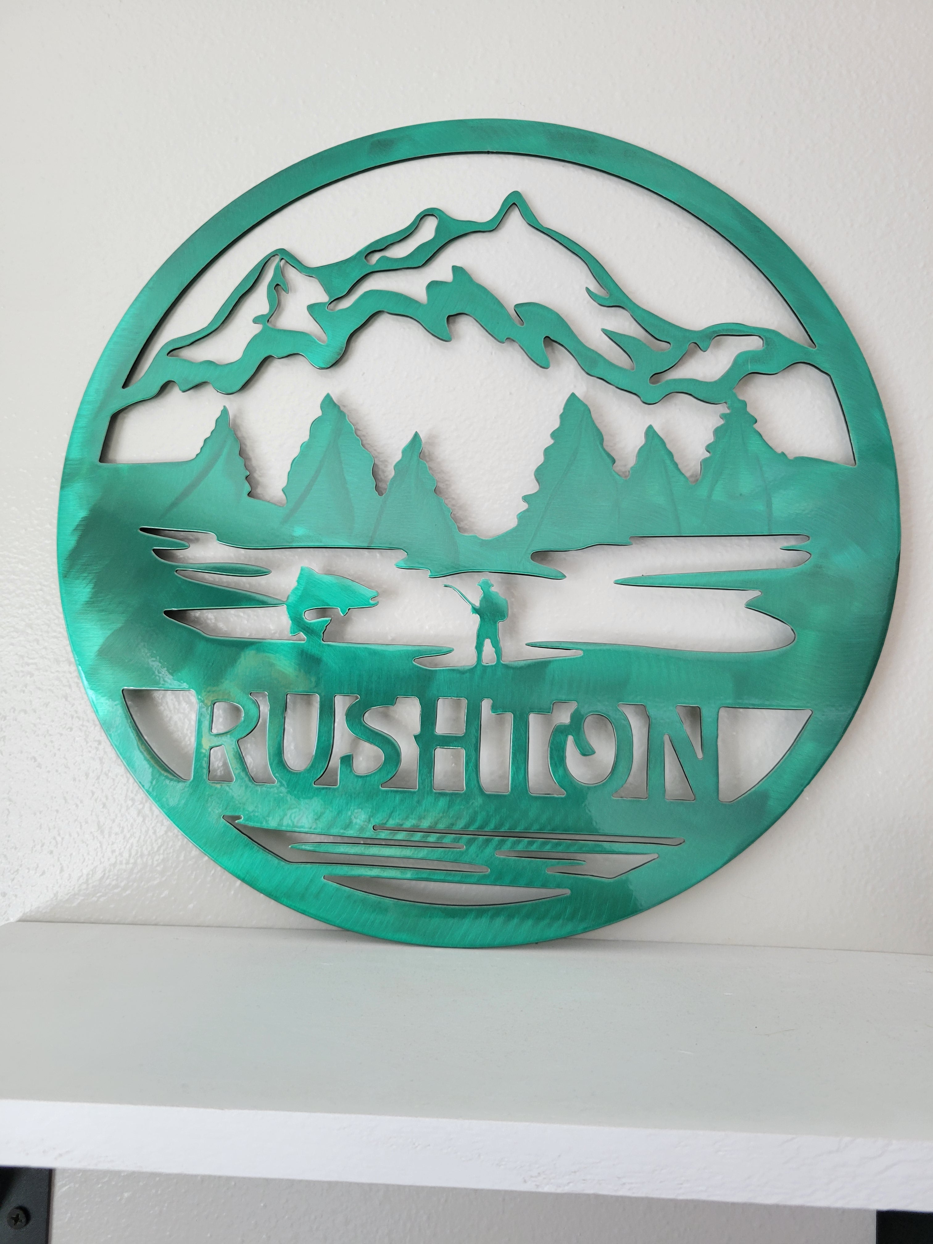 Personalized Metal Last Name Sign, Lake Fishing in Mountains River, Camping Custom Address Sign