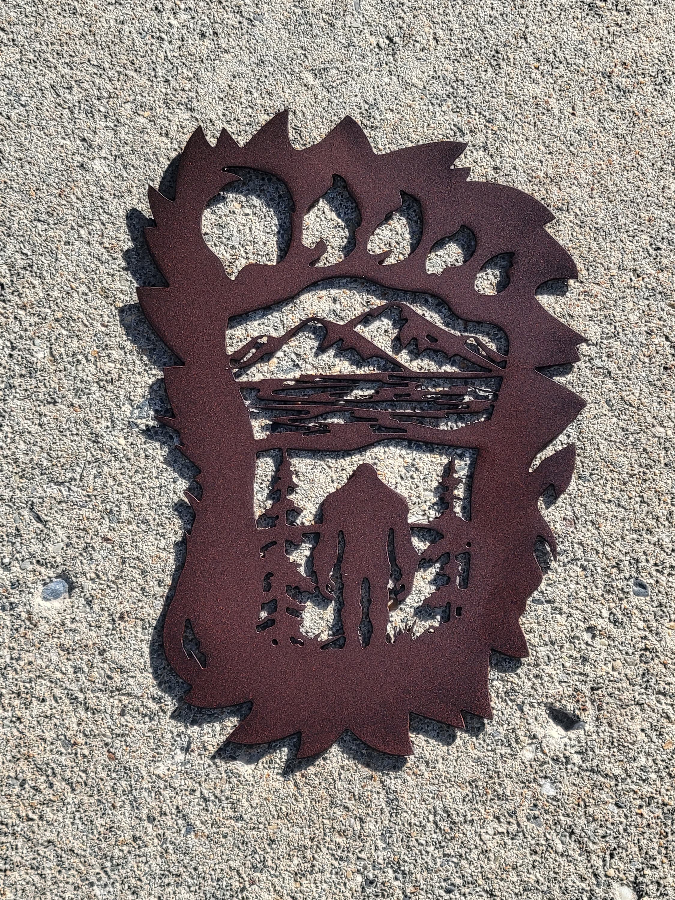 Metal Wall Art Bigfoot Sasquatch Standing in Footprint Outdoor Mountains Trees Yard Sign Cabin