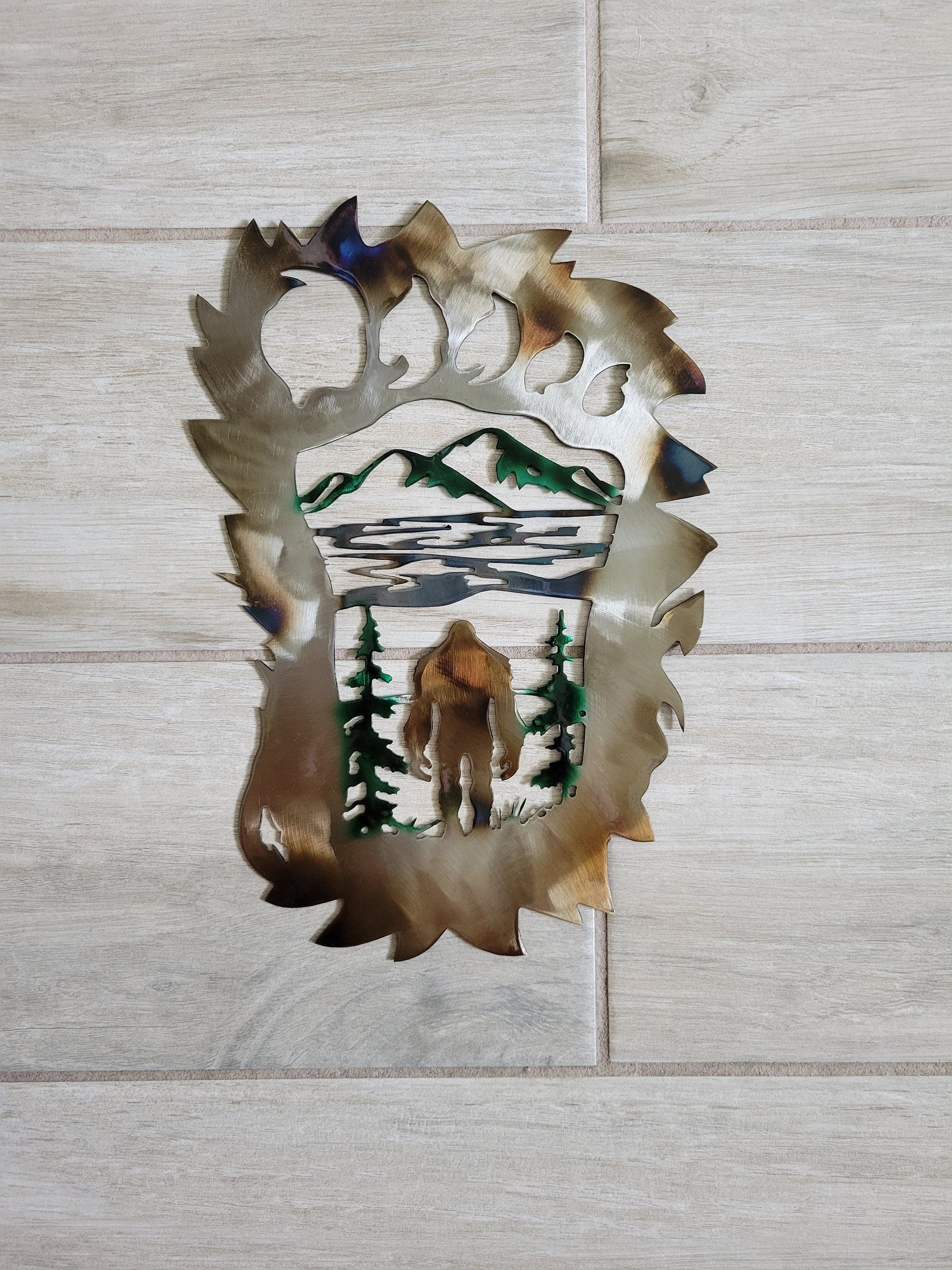 Color Airbrushed Metal Wall Art Bigfoot Sasquatch Standing in Footprint Outdoor Mountains Trees Cabin Décor Sign