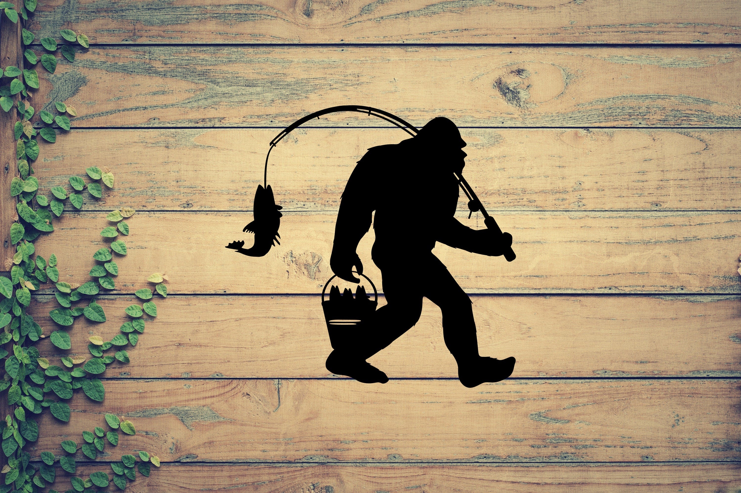 Bigfoot Sasquatch Fishing Outdoors, Metal Art Wall Décor Sign