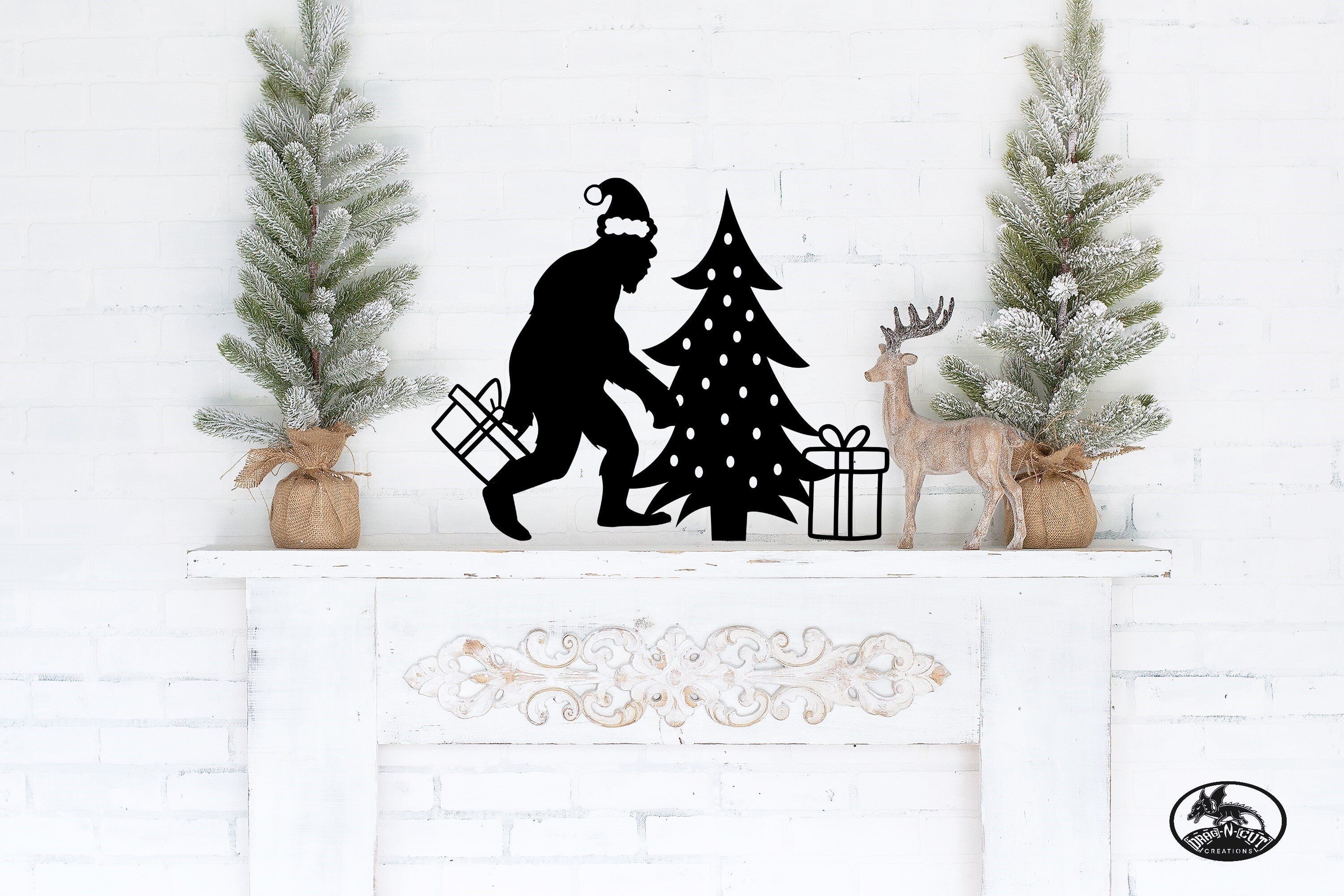 Bigfoot Sasquatch Santa with a Gift, Metal Wall Art Christmas Tree Décor Sign