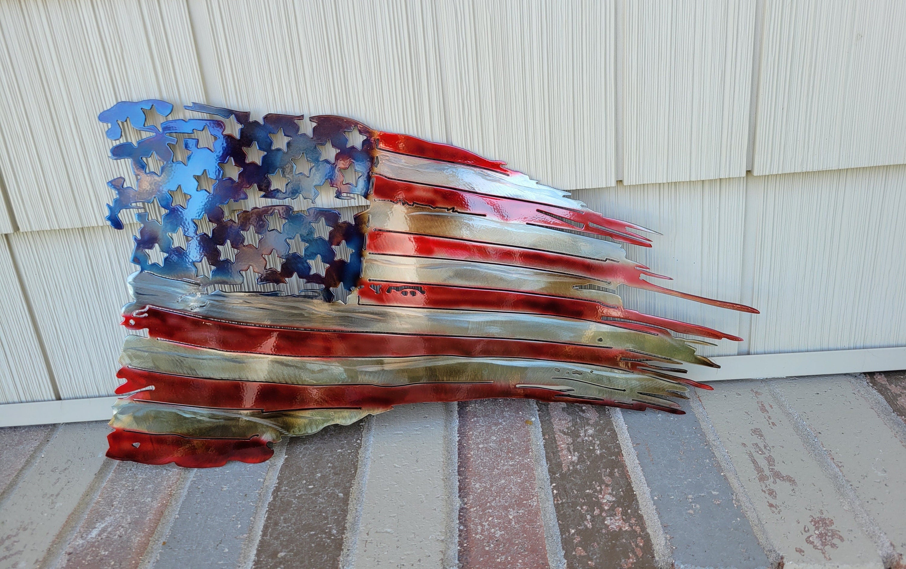 Metal Wall Art, Distressed Tattered American Flag Sign Color Airbrushed Stained Sign