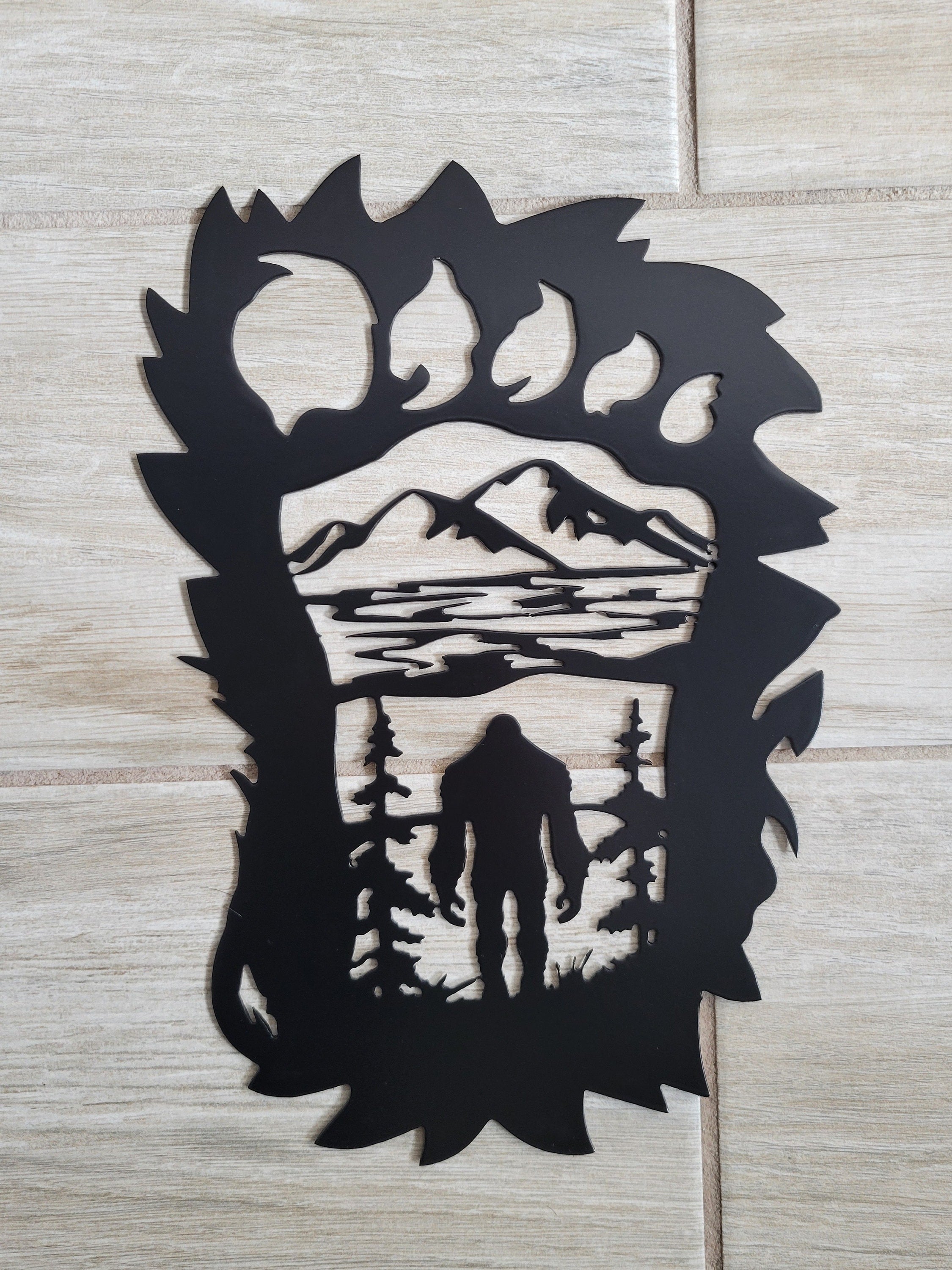 Metal Wall Art Bigfoot Sasquatch Standing in Footprint Outdoor Mountains Trees Yard Sign Cabin