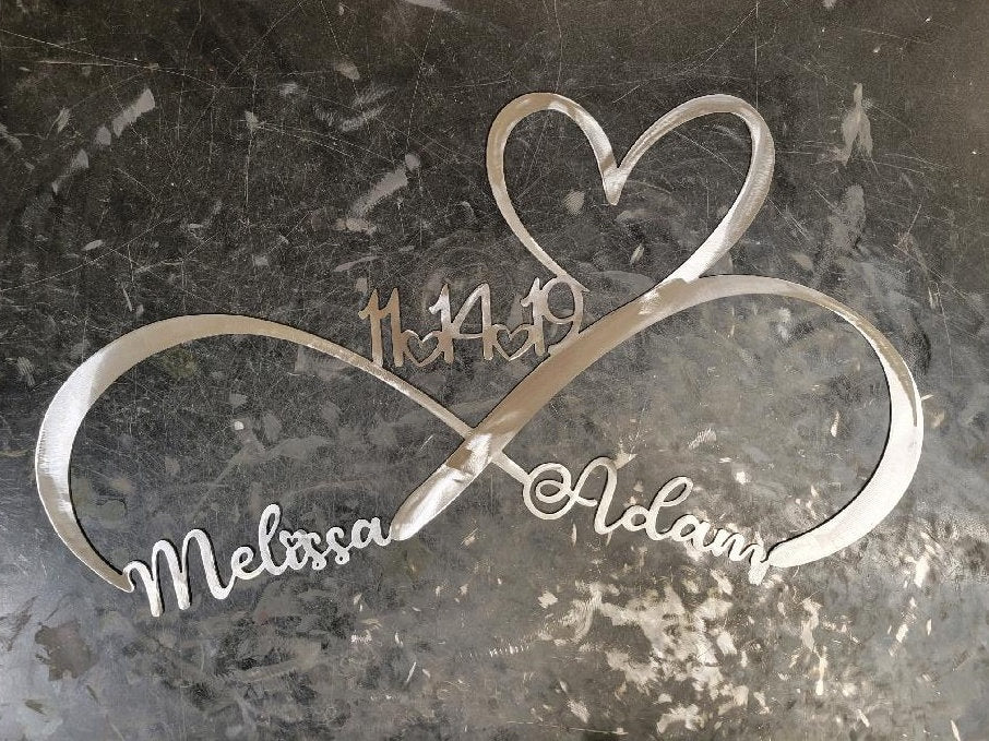 Personalized Metal Infinity Symbol 25th Silver Wedding Anniversary, Handcrafted Wall Art, Name, Date, Heart Husband Wife