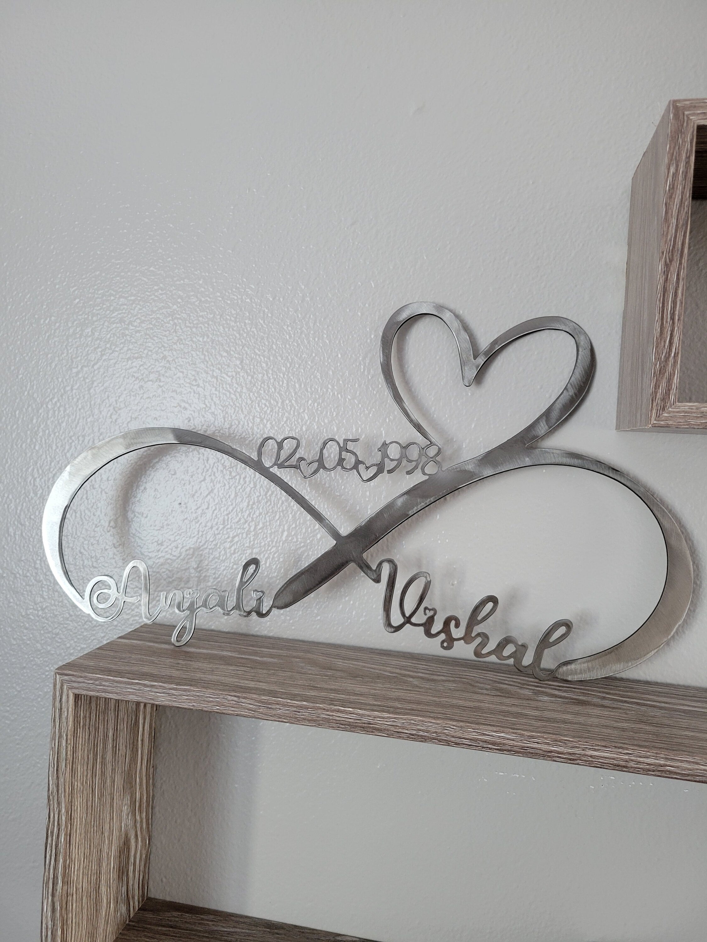 Personalized Metal Infinity Symbol 25th Silver Wedding Anniversary, Handcrafted Wall Art, Name, Date, Heart Husband Wife